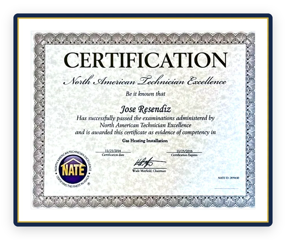 NATE Gas Heating Installation Certification held by Arturo Resendiz