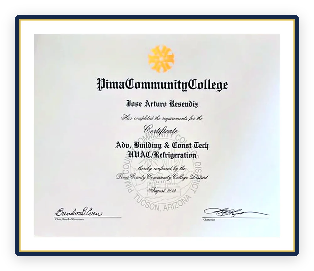Pima Community College HVAC and Refrigeration Certificate of Completion